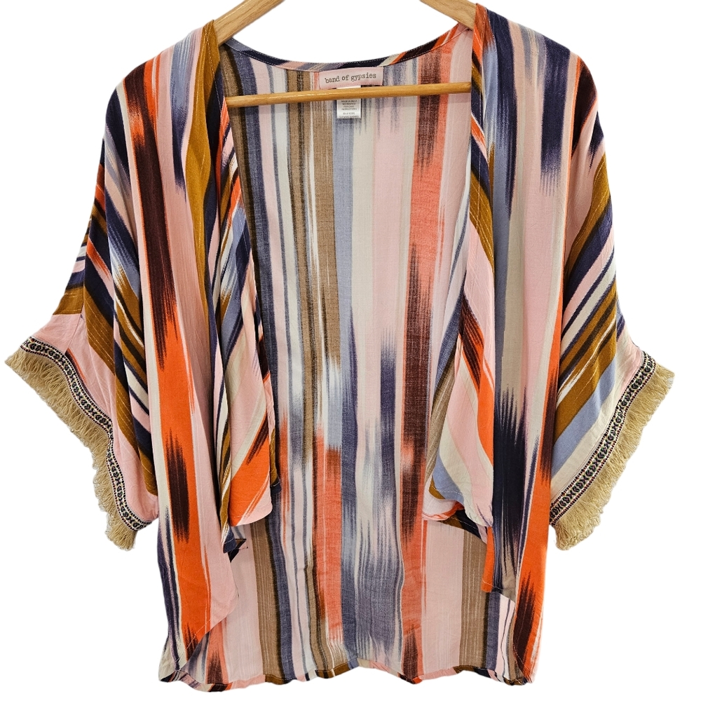 Band of Gypsies Women’s Striped Colorful Fringe Open Front Kimono Cardigan
